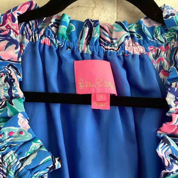 Lilly Pulitzer Dress, Small, Alyanna Belted Midi Blue Flattering Blousey Sleeved - Picture 7 of 10
